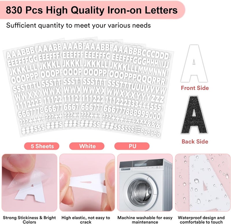 Comkrivy 5 Sheets 830 Pieces Iron on Letters and Numbers for Clothing, 1 Inch Iron on Vinyl Letters with A-Z Heat Transfer Letters 0-9 Iron on Numbers PU Alphabet Stickers for T-Shirt Printing DIY Craft, White - Image 3